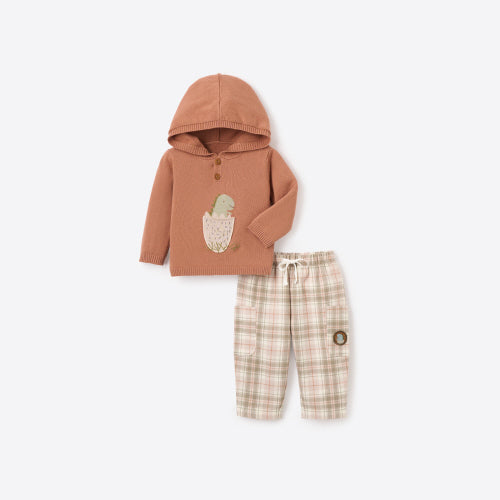 Elegant Baby Dinosaur Hooded Sweater & Plaid Pants