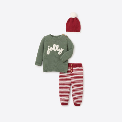 Elegant Baby Jolly Sweater with Knit Pants & Pom Hat