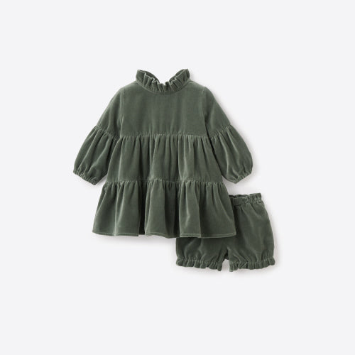 Elegant Baby Green Velveteen Ruffle Collar Dress