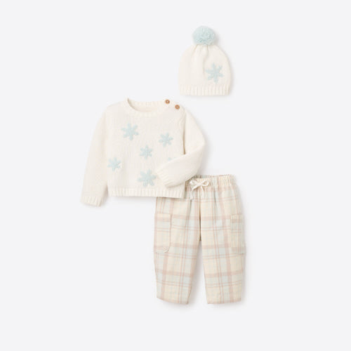 Elegant Baby Snowflake Sweater, Plaid Pants, & Pom Hat