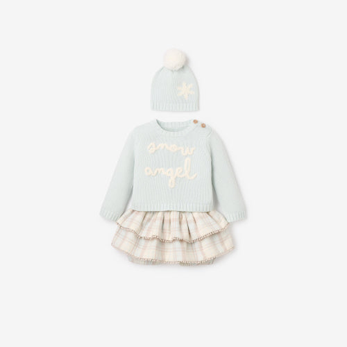 Elegant Baby Snow Angel Sweater, Plaid Skirt, & Pom Hat