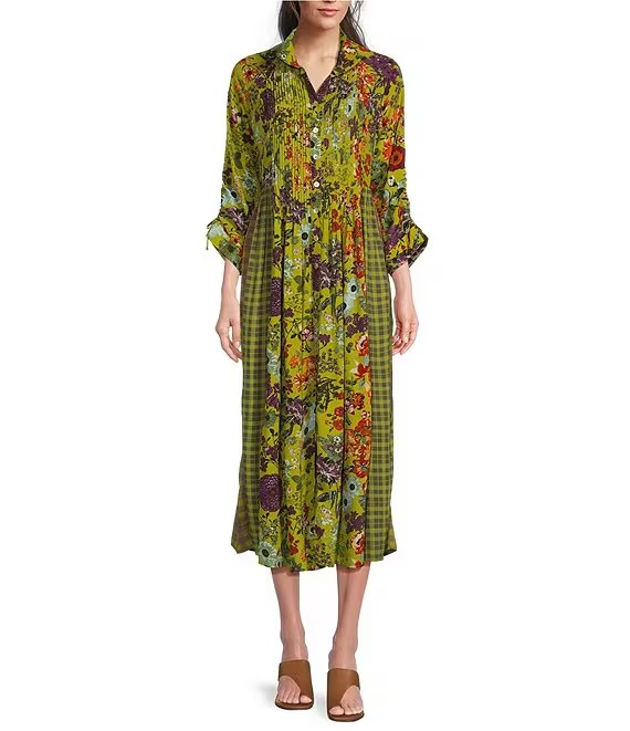 John Mark Woven Mixed Print Point Collar Button Front Dress-Citron