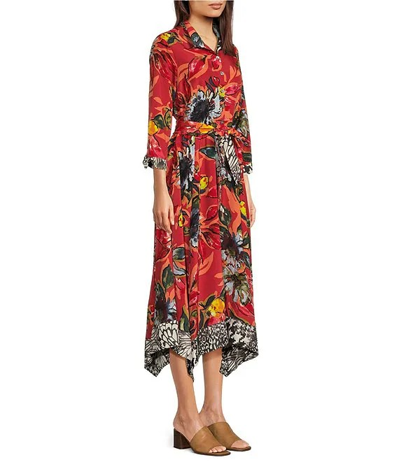 John Mark Woven Print Point Collar Tie Belt Button Front Midi Dress-Spice Print