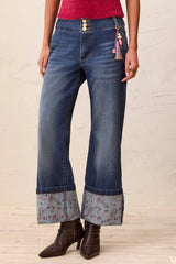 Tribal Audrey Palazzo Jeans with Printed Cuffs and Novelty Pearl Belt Charm