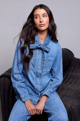 Tribal BLUE THREAD Self-Tie Bow Button Front Denim Blouse | Campus Blue