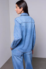 Tribal BLUE THREAD Self-Tie Bow Button Front Denim Blouse | Campus Blue