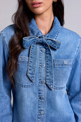 Tribal BLUE THREAD Self-Tie Bow Button Front Denim Blouse | Campus Blue