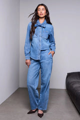 Tribal BLUE THREAD Self-Tie Bow Button Front Denim Blouse | Campus Blue