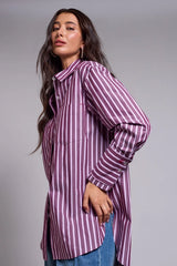 Tribal BLUE THREAD Oversized Fancy Double Cuff Striped Collared Blouse
