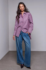 Tribal BLUE THREAD Oversized Fancy Double Cuff Striped Collared Blouse