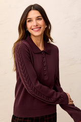Tribal Self Button Placket Collared Cable Sleeve Sweater | Fudge