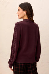 Tribal Self Button Placket Collared Cable Sleeve Sweater | Fudge