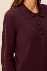 Tribal Self Button Placket Collared Cable Sleeve Sweater | Fudge