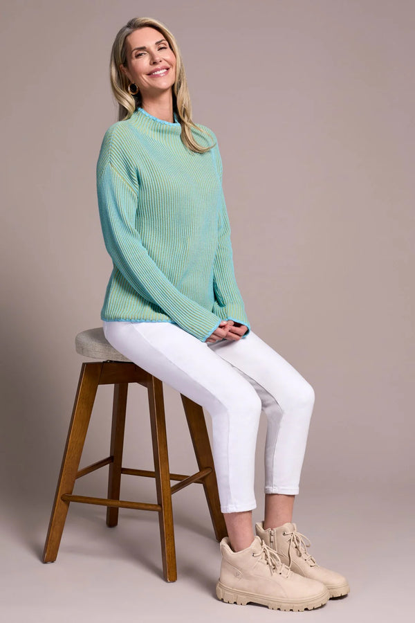 Tribal Combed Cotton Two-Tone Rib Funnel Neck Sweater | Mistblue