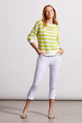 Tribal Cotton Boat Neck Sweater-Lime