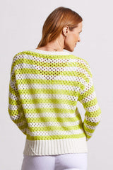 Tribal Cotton Boat Neck Sweater-Lime