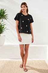 Tribal Embroidered Daisy Short Sleeve Crew Neck Top