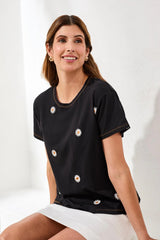 Tribal Embroidered Daisy Short Sleeve Crew Neck Top