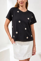 Tribal Embroidered Daisy Short Sleeve Crew Neck Top