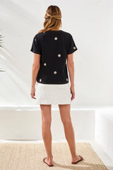 Tribal Embroidered Daisy Short Sleeve Crew Neck Top