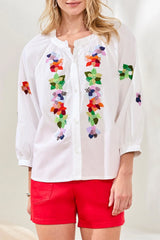 Tribal Embroidered Poplin 3/4 Sleeve Notch Neck Blouse