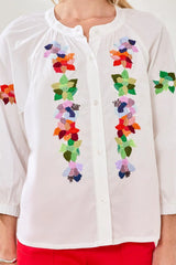 Tribal Embroidered Poplin 3/4 Sleeve Notch Neck Blouse
