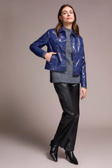 Tribal Faux Leather Button-Front Collar-Accent Jacket | Dark Lapis Blue