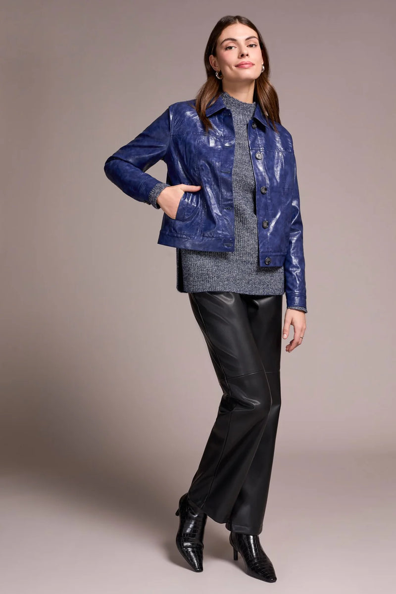 Tribal Faux Leather Button-Front Collar-Accent Jacket | Dark Lapis Blue