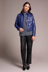 Tribal Faux Leather Button-Front Collar-Accent Jacket | Dark Lapis Blue