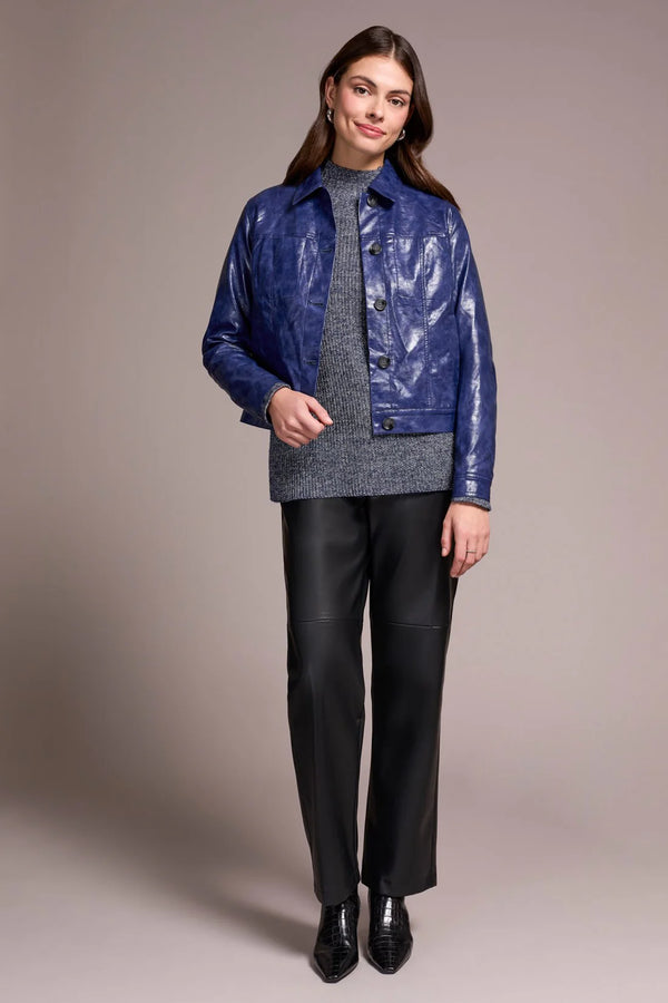 Tribal Faux Leather Button-Front Collar-Accent Jacket | Dark Lapis Blue