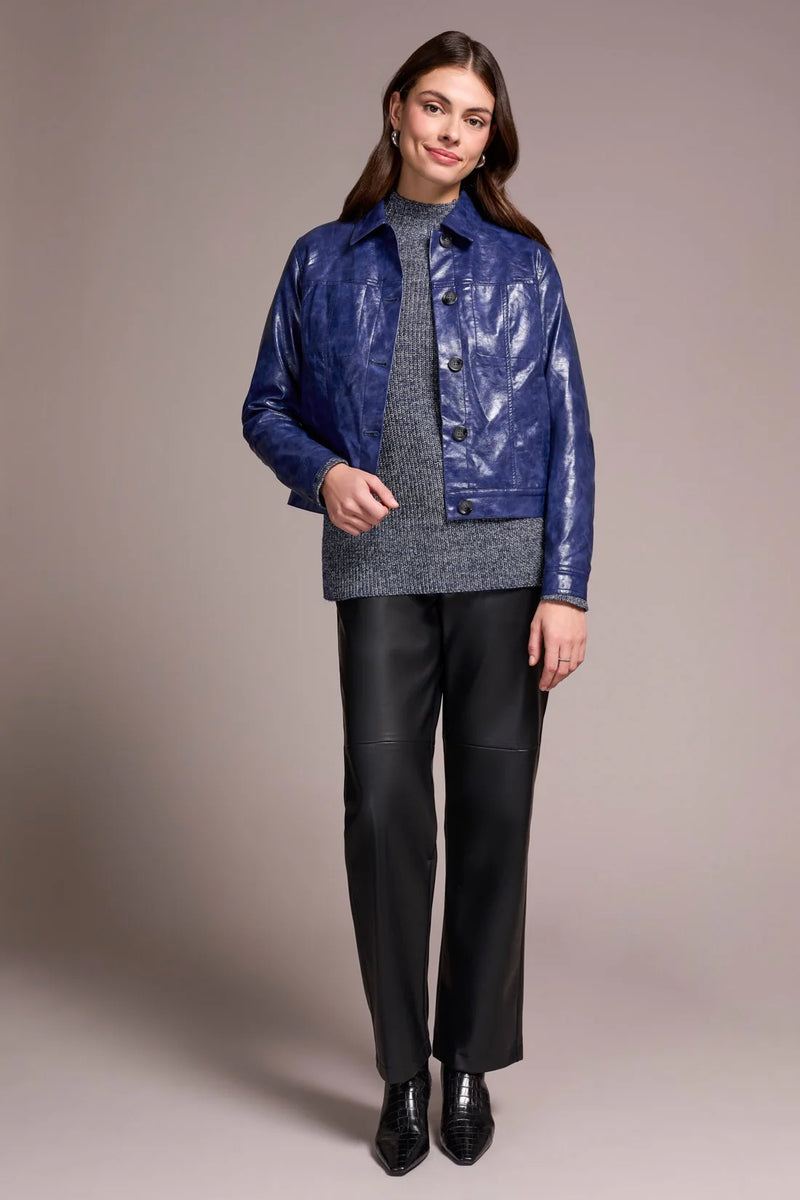 Tribal Faux Leather Button-Front Collar-Accent Jacket | Dark Lapis Blue