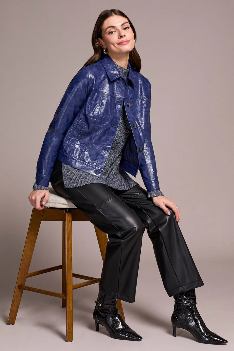 Tribal Faux Leather Button-Front Collar-Accent Jacket | Dark Lapis Blue