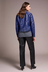 Tribal Faux Leather Button-Front Collar-Accent Jacket | Dark Lapis Blue