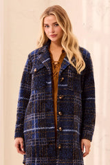 Tribal Knit Plaid Notch Collar Buttoned Shacket | Electric Blue