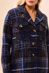 Tribal Knit Plaid Notch Collar Buttoned Shacket | Electric Blue