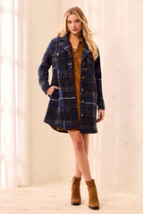Tribal Knit Plaid Notch Collar Buttoned Shacket | Electric Blue