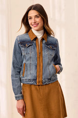 Tribal Mixed Media Zip Front Denim Jacket with Suede Trim | Moonlight