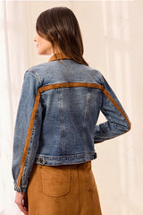 Tribal Mixed Media Zip Front Denim Jacket with Suede Trim | Moonlight