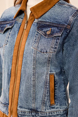Tribal Mixed Media Zip Front Denim Jacket with Suede Trim | Moonlight