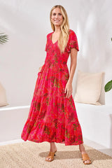 Tribal Ruched-Top Short Sleeve Maxi Dress