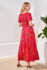 Tribal Ruched-Top Short Sleeve Maxi Dress