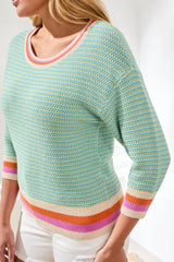 Tribal Scoop Neck Cotton Stripe Sweater | Aqua Sky