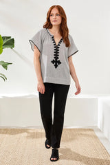 Tribal Flutter Sleeve Embroidered Detail Notch Neck Blouse