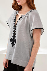 Tribal Flutter Sleeve Embroidered Detail Notch Neck Blouse