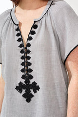 Tribal Flutter Sleeve Embroidered Detail Notch Neck Blouse