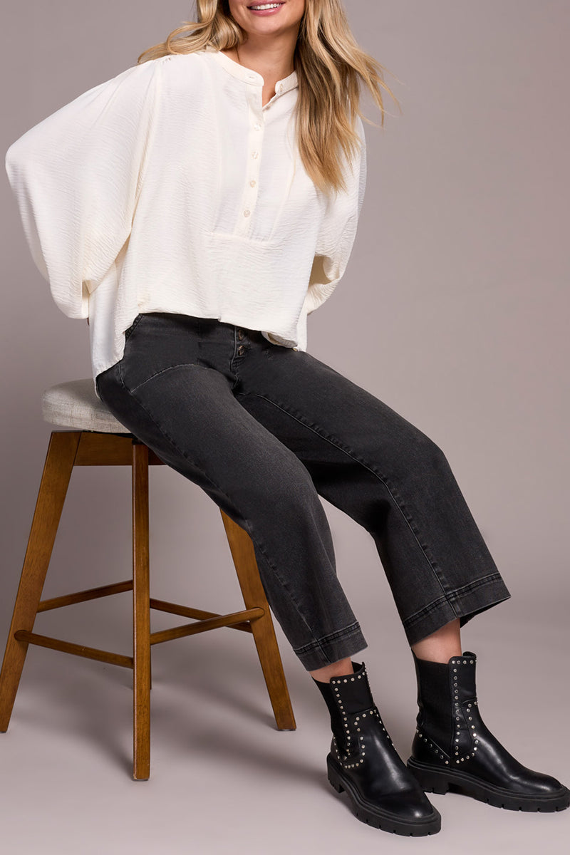 Tribal Long Sleeve Blouse with Folded Hem | Eggshell