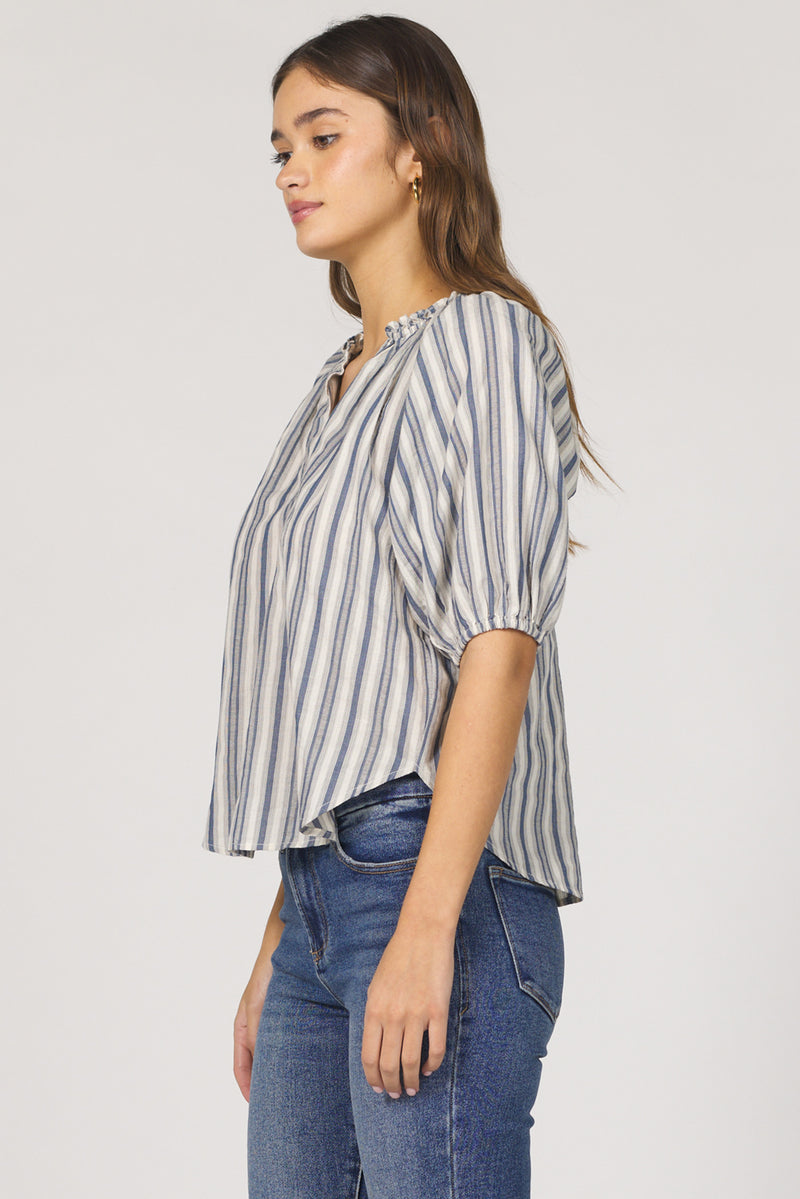 Dear John Denim Costa Poets Blouse Ladder Trim | Dark Blue Stripe