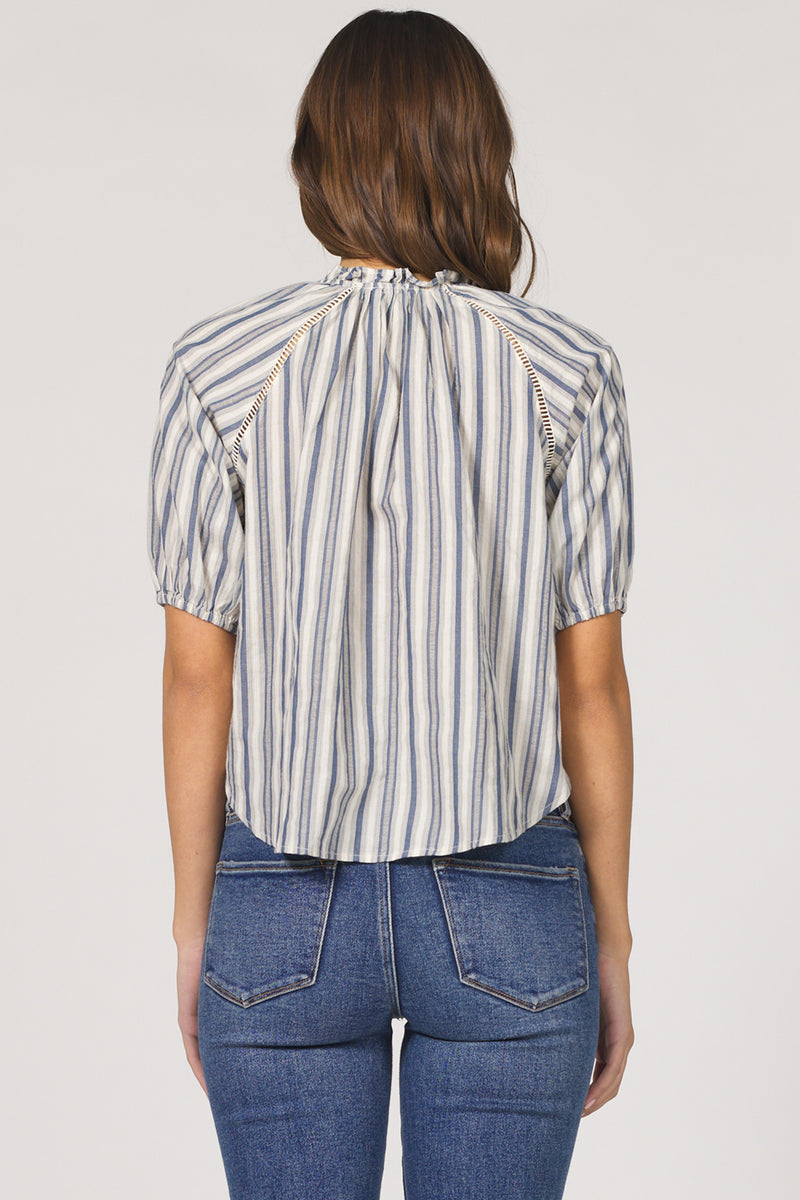 Dear John Denim Costa Poets Blouse Ladder Trim | Dark Blue Stripe