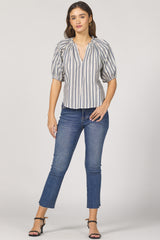 Dear John Denim Costa Poets Blouse Ladder Trim | Dark Blue Stripe