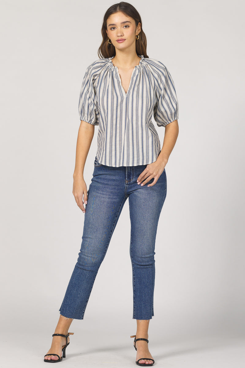 Dear John Denim Costa Poets Blouse Ladder Trim | Dark Blue Stripe